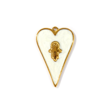 Immagine di 1 Pz PVD Ecologica Impermeabile Anti-Ossidante Ipoallergenico 304 Acciaio Inossidabile Religione Ciondoli All'Ingrosso 18K Vero Oro Placcato Bianco Smalto Cuore Mano Simbolo di Hamsa Madreperla 4.4cm x 2.8cm