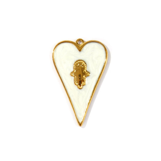 Picture of 1 Piece Eco-friendly PVD Waterproof Anti-Tarnish Hypoallergenic 304 Stainless Steel Religious Charms Wholesale 18K Real Gold Plated White Enamel Heart Hamsa Symbol Hand Pearlized 4.4cm x 2.8cm