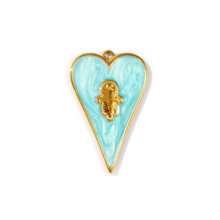 Immagine di 1 Pz PVD Ecologica Impermeabile Anti-Ossidante Ipoallergenico 304 Acciaio Inossidabile Religione Ciondoli All'Ingrosso 18K Vero Oro Placcato Blu Smalto Cuore Mano Simbolo di Hamsa Madreperla 4.4cm x 2.8cm