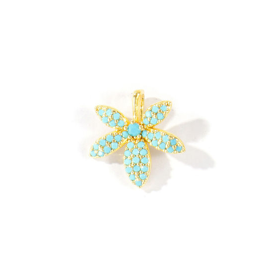 Bild von 2 Stück Messing Charms Großhandel 18K Vergoldet Blätter Blau Kubischer Zirkon 18mm x 16mm