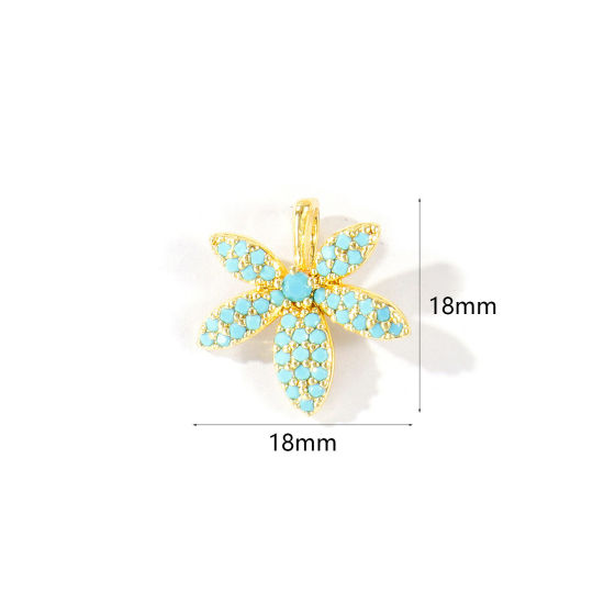 Bild von 2 Stück Messing Charms Großhandel 18K Vergoldet Blätter Blau Kubischer Zirkon 18mm x 16mm
