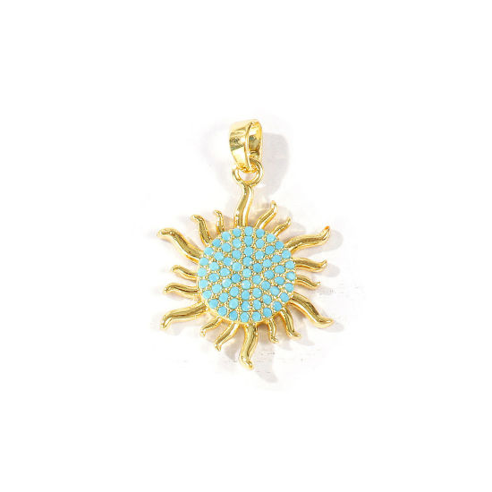Bild von 2 Stück Messing Galaxis Charm-Anhänger Großhandel 18K Vergoldet Sonne Blau Kubischer Zirkon 28mm x 18.5mm