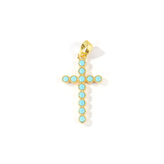 Bild von 2 Stück Messing Religiös Charm-Anhänger Großhandel 18K Vergoldet Kreuz Blau Kubischer Zirkon 29mm x 13.5mm