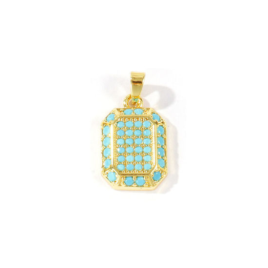Bild von 2 Stück Messing Charm-Anhänger Großhandel 18K Vergoldet Achteck Blau Kubischer Zirkon 22mm x 11mm