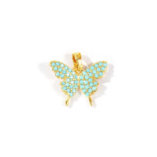 Bild von 2 Stück Messing Insekt Charm-Anhänger Großhandel 18K Vergoldet Schmetterling Blau Kubischer Zirkon 19mm x 19mm