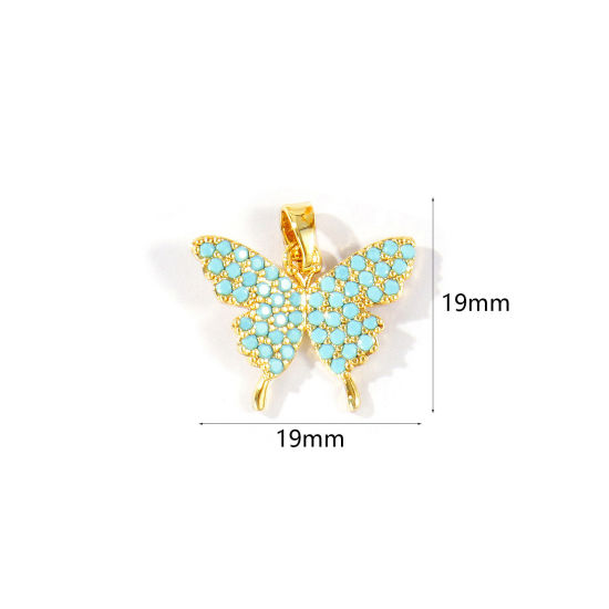 Bild von 2 Stück Messing Insekt Charm-Anhänger Großhandel 18K Vergoldet Schmetterling Blau Kubischer Zirkon 19mm x 19mm