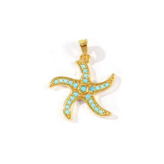 Bild von 2 Stück Messing Ozean Schmuck Charm-Anhänger Großhandel 18K Vergoldet Seesterne Blau Kubischer Zirkon 24mm x 19mm