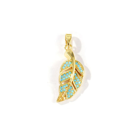 Imagen de 2 Unidades Latón Colgantes Charms Al Por Mayor Chapado en Oro de 18K Hoja Azul Circón Artificial 28mm x 10mm