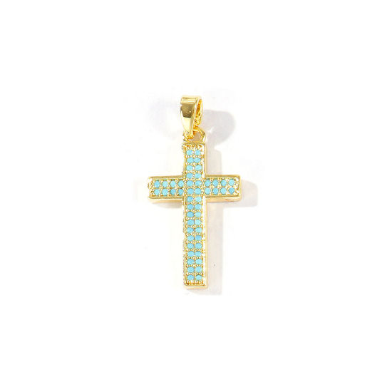 Bild von 2 Stück Messing Religiös Charm-Anhänger Großhandel 18K Vergoldet Kreuz Blau Kubischer Zirkon 28mm x 13mm