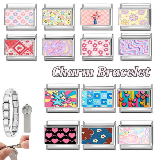 Image de 1 Pièce Maillons de Charme Italiens pour la Fabrication de Bijoux de Montres-Bracelets Modulables à Faire Soi-Même En Gros La Saint Valentin en 304 Acier Inoxydable Argent Mat Rose Rectangle Cœur 10mm x 9mm