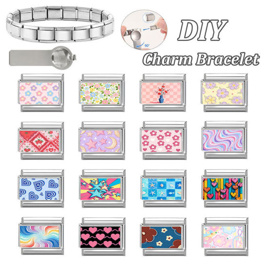 Image de 1 Pièce Maillons de Charme Italiens pour la Fabrication de Bijoux de Montres-Bracelets Modulables à Faire Soi-Même En Gros La Saint Valentin en 304 Acier Inoxydable Argent Mat Rose Rectangle Cœur 10mm x 9mm