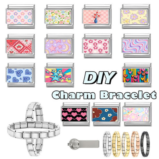 Image de 1 Pièce Maillons de Charme Italiens pour la Fabrication de Bijoux de Montres-Bracelets Modulables à Faire Soi-Même En Gros La Saint Valentin en 304 Acier Inoxydable Argent Mat Rose Rectangle Cœur 10mm x 9mm