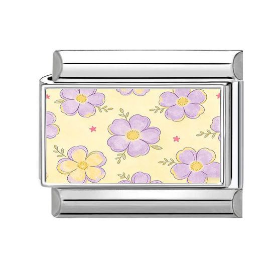 Image de 1 Pièce Maillons de Charme Italiens pour la Fabrication de Bijoux de Montres-Bracelets Modulables à Faire Soi-Même En Gros en 304 Acier Inoxydable Argent Mat Violet Rectangle Fleurs 10mm x 9mm