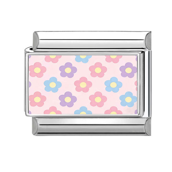Image de 1 Pièce Maillons de Charme Italiens pour la Fabrication de Bijoux de Montres-Bracelets Modulables à Faire Soi-Même En Gros en 304 Acier Inoxydable Argent Mat Multicolore Rectangle Fleurs 10mm x 9mm