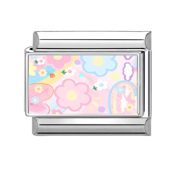 Image de 1 Pièce Maillons de Charme Italiens pour la Fabrication de Bijoux de Montres-Bracelets Modulables à Faire Soi-Même En Gros en 304 Acier Inoxydable Argent Mat Multicolore Rectangle Fleurs 10mm x 9mm