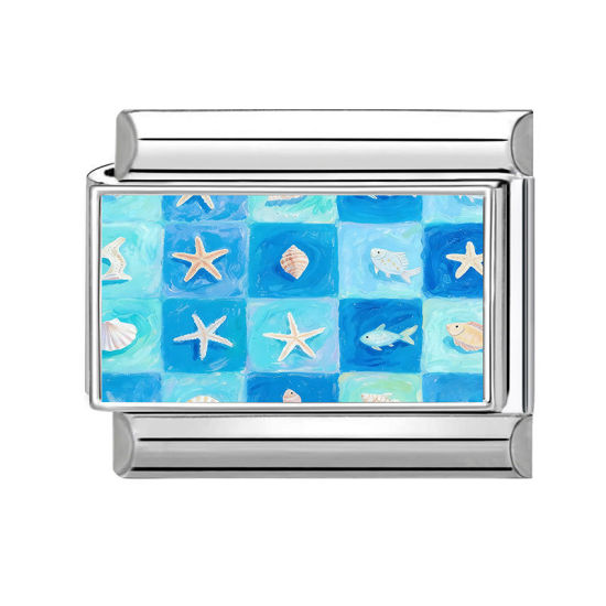 Image de 1 Pièce Maillons de Charme Italiens pour la Fabrication de Bijoux de Montres-Bracelets Modulables à Faire Soi-Même En Gros en 304 Acier Inoxydable Argent Mat Bleu Rectangle Etoile de Mer 10mm x 9mm