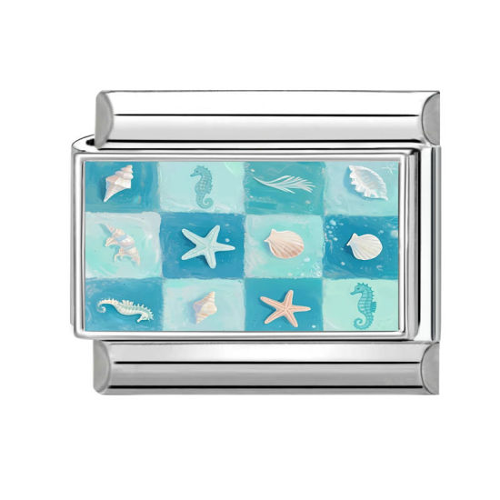 Image de 1 Pièce Maillons de Charme Italiens pour la Fabrication de Bijoux de Montres-Bracelets Modulables à Faire Soi-Même En Gros en 304 Acier Inoxydable Argent Mat Bleu-Vert Rectangle Etoile de Mer 10mm x 9mm
