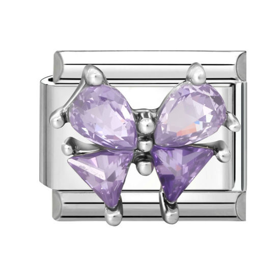 Bild von 1 Stück 304 Edelstahl & Zinklegierung Italienische Charm-Links für die DIY-modulare Armbanduhr-Schmuckherstellung Großhandel Silberfarbe Rechteck Schleife Amethyst Strass 10mm x 9mm