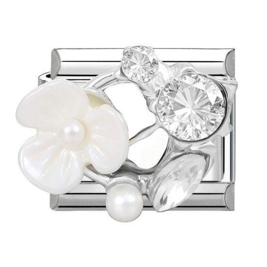 Bild von 1 Stück 304 Edelstahl & Zinklegierung Italienische Charm-Links für die DIY-modulare Armbanduhr-Schmuckherstellung Großhandel Silberfarbe Rechteck Blumen Transparent Strass 10mm x 9mm