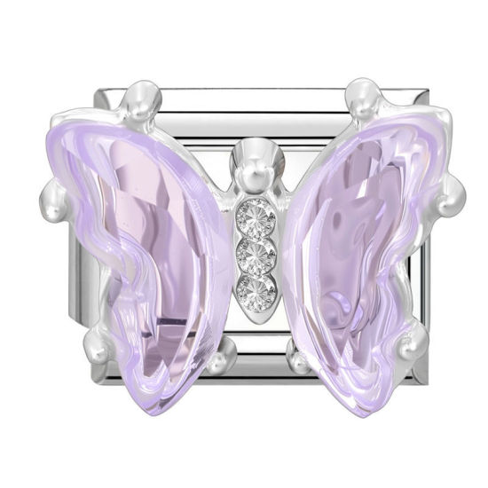Bild von 1 Stück 304 Edelstahl & Zinklegierung Italienische Charm-Links für die DIY-modulare Armbanduhr-Schmuckherstellung Großhandel Silberfarbe Rechteck Schmetterling Amethyst Strass 10mm x 9mm