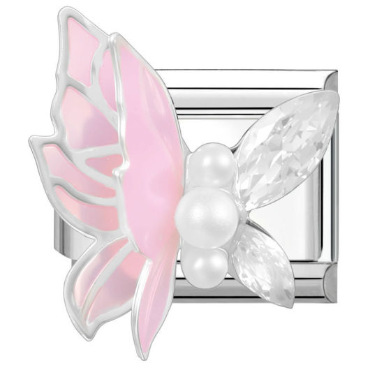 Bild von 1 Stück 304 Edelstahl & Zinklegierung Italienische Charm-Links für die DIY-modulare Armbanduhr-Schmuckherstellung Großhandel Silberfarbe Rosa Rechteck Schleife 10mm x 9mm