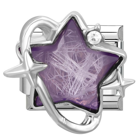 Bild von 1 Stück 304 Edelstahl & Zinklegierung Italienische Charm-Links für die DIY-modulare Armbanduhr-Schmuckherstellung Großhandel Silberfarbe Rechteck Pentagramm Amethyst Strass 10mm x 9mm