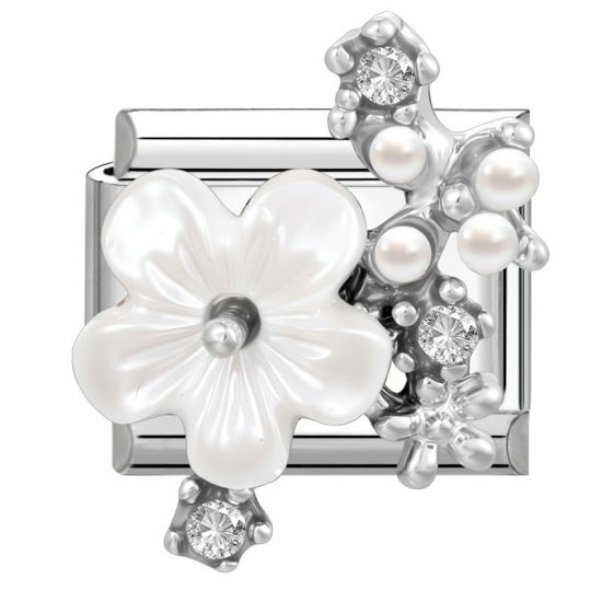 Bild von 1 Stück 304 Edelstahl & Zinklegierung Italienische Charm-Links für die DIY-modulare Armbanduhr-Schmuckherstellung Großhandel Silberfarbe Rechteck Blumen Transparent Strass 10mm x 9mm