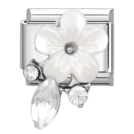 Bild von 1 Stück 304 Edelstahl & Zinklegierung Italienische Charm-Links für die DIY-modulare Armbanduhr-Schmuckherstellung Großhandel Silberfarbe Rechteck Blumen Transparent Strass 10mm x 9mm