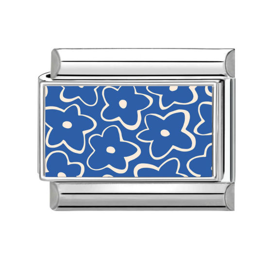 Image de 1 Pièce Maillons de Charme Italiens pour la Fabrication de Bijoux de Montres-Bracelets Modulables à Faire Soi-Même En Gros en 304 Acier Inoxydable Argent Mat Bleu Rectangle Fleurs 10mm x 9mm