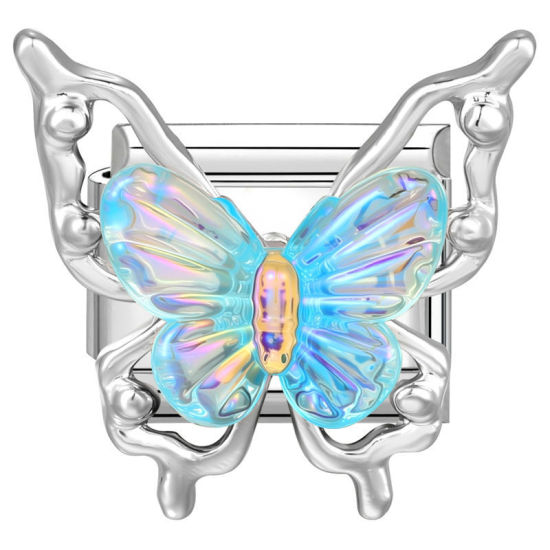 Bild von 1 Stück 304 Edelstahl & Zinklegierung Italienische Charm-Links für die DIY-modulare Armbanduhr-Schmuckherstellung Großhandel Silberfarbe Blau Rechteck Schmetterling 10mm x 9mm
