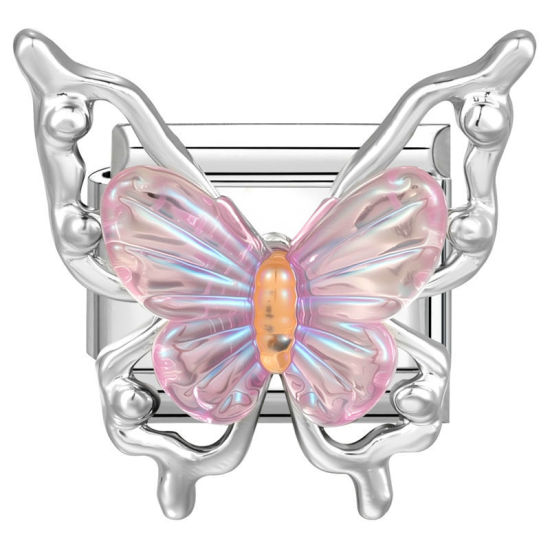 Bild von 1 Stück 304 Edelstahl & Zinklegierung Italienische Charm-Links für die DIY-modulare Armbanduhr-Schmuckherstellung Großhandel Silberfarbe Rosa Rechteck Schmetterling 10mm x 9mm
