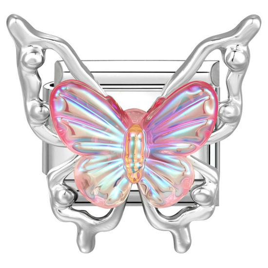 Bild von 1 Stück 304 Edelstahl & Zinklegierung Italienische Charm-Links für die DIY-modulare Armbanduhr-Schmuckherstellung Großhandel Silberfarbe Fuchsie Rechteck Schmetterling 10mm x 9mm