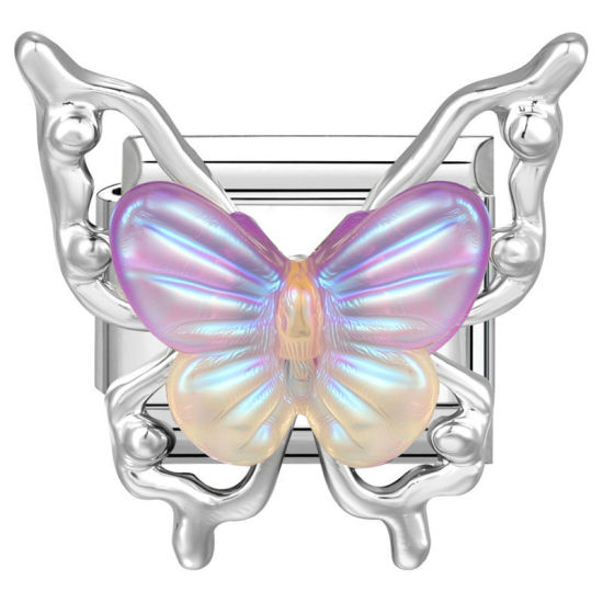 Bild von 1 Stück 304 Edelstahl & Zinklegierung Italienische Charm-Links für die DIY-modulare Armbanduhr-Schmuckherstellung Großhandel Silberfarbe Lila Rechteck Schmetterling 10mm x 9mm
