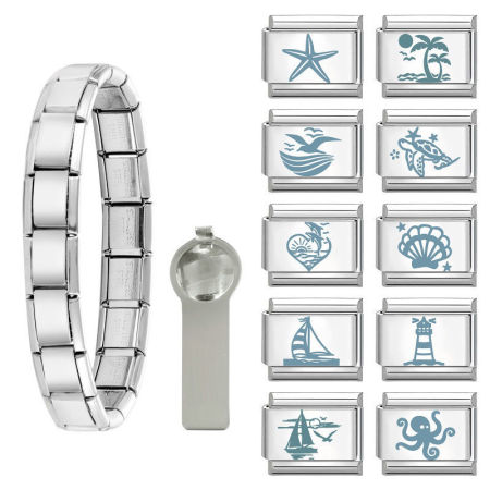 Picture of 1 Set 304 Stainless Steel Italian Charm Links For DIY Modular Bracelet Watch Jewelry Making Wholesale Silver Tone Light Blue Marine Animal 10mm x 9mm