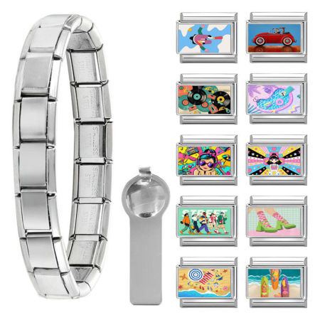 Picture of 1 Set 304 Stainless Steel Italian Charm Links For DIY Modular Bracelet Watch Jewelry Making Wholesale Silver Tone Multicolor Car Person 10mm x 9mm