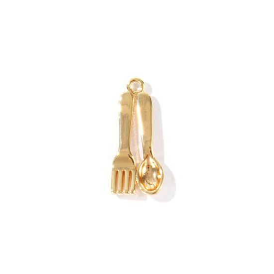 Immagine di 5 Pz Ecologico Ottone Ciondoli All'Ingrosso 18K Vero Oro Placcato Forchetta Cucchiaio 3D 20mm x 9mm
