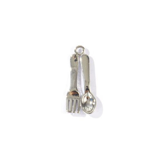 Immagine di 5 Pz Ecologico Ottone Ciondoli All'Ingrosso Vero Platino Placcato Forchetta Cucchiaio 3D 20mm x 9mm