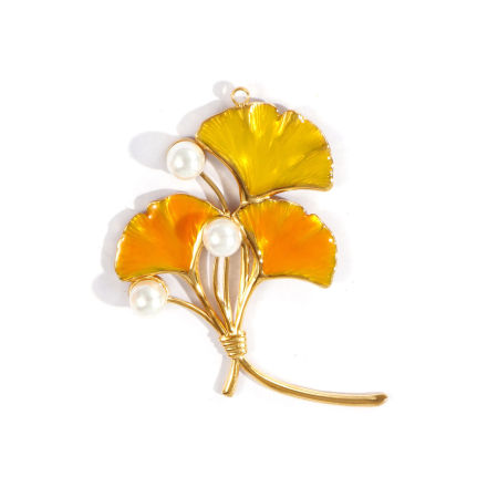 Immagine di 1 Pz PVD Ecologica Impermeabile Anti-Ossidante Ipoallergenico 304 Acciaio Inossidabile Ciondoli Pendenti All'Ingrosso 18K Vero Oro Placcato Giallo Smalto Foglia di Gingko Perla Imitato Acrilico 4.9cm x 4.4cm