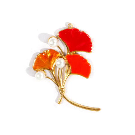 Immagine di 1 Pz PVD Ecologica Impermeabile Anti-Ossidante Ipoallergenico 304 Acciaio Inossidabile Ciondoli Pendenti All'Ingrosso 18K Vero Oro Placcato Rosso Smalto Foglia di Gingko Perla Imitato Acrilico 4.9cm x 4.4cm