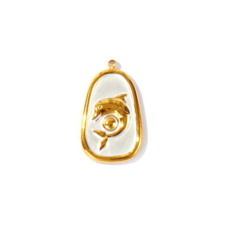 Immagine di 2 Pz PVD Ecologica Impermeabile Anti-Ossidante Ipoallergenico 304 Acciaio Inossidabile Gioielli Oceanici Ciondoli All'Ingrosso 18K Vero Oro Placcato Bianco Delfino Pittura 27mm x 16mm