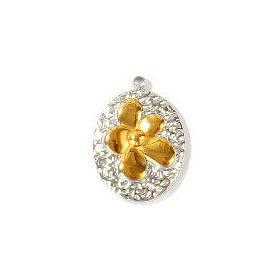Bild von 2 Stück Umweltfreundliche PVD Wasserdicht Anlaufgeschützt Hypoallergen 304 Edelstahl Charms Großhandel 18K Echtgold plattiert & Silberton Oval Blumen Mixefarbe 22mm x 15.5mm