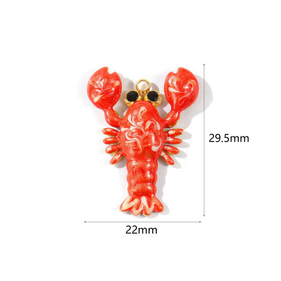 Picture of 2 PCs Eco-friendly PVD Waterproof Anti-Tarnish Hypoallergenic 304 Stainless Steel Ocean Jewelry Charms Wholesale 18K Real Gold Plated Orange Enamel Lobster Animal 29.5mm x 22mm