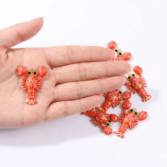 Picture of 2 PCs Eco-friendly PVD Waterproof Anti-Tarnish Hypoallergenic 304 Stainless Steel Ocean Jewelry Charms Wholesale 18K Real Gold Plated Orange Enamel Lobster Animal 29.5mm x 22mm