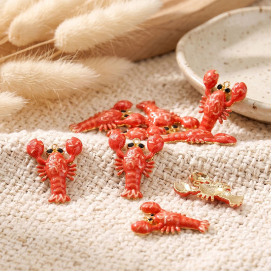 Picture of 2 PCs Eco-friendly PVD Waterproof Anti-Tarnish Hypoallergenic 304 Stainless Steel Ocean Jewelry Charms Wholesale 18K Real Gold Plated Orange Enamel Lobster Animal 29.5mm x 22mm