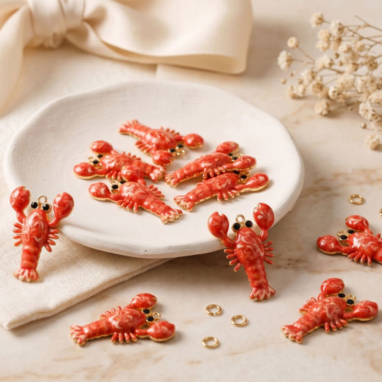 Picture of 2 PCs Eco-friendly PVD Waterproof Anti-Tarnish Hypoallergenic 304 Stainless Steel Ocean Jewelry Charms Wholesale 18K Real Gold Plated Orange Enamel Lobster Animal 29.5mm x 22mm