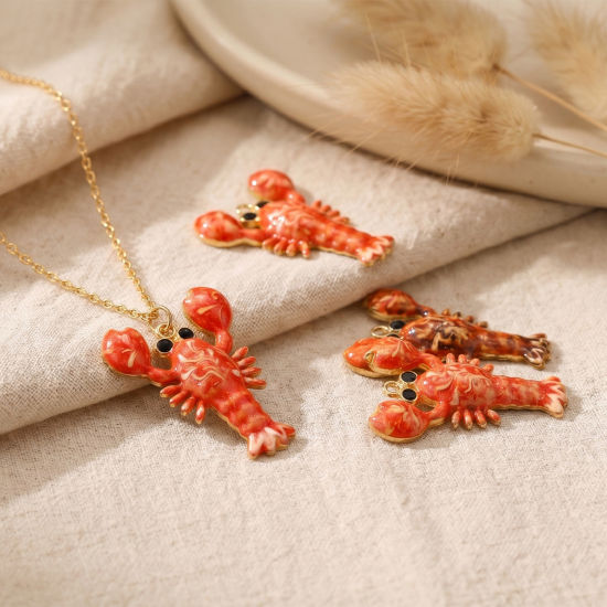 Picture of 2 PCs Eco-friendly PVD Waterproof Anti-Tarnish Hypoallergenic 304 Stainless Steel Ocean Jewelry Charms Wholesale 18K Real Gold Plated Orange Enamel Lobster Animal 29.5mm x 22mm
