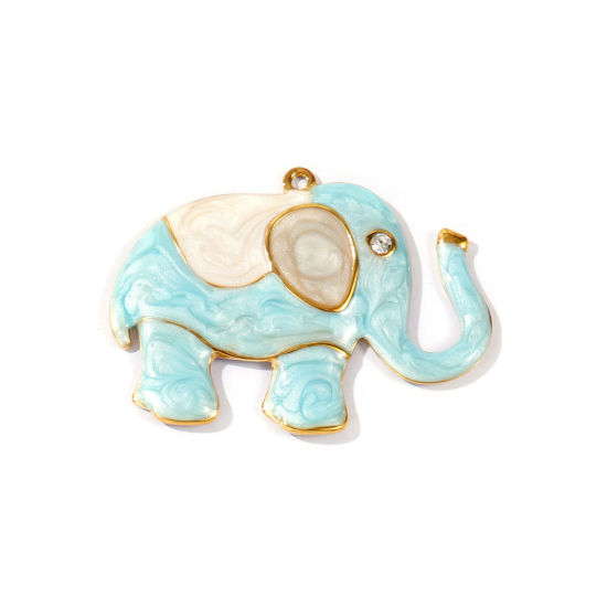 Picture of 1 Piece Eco-friendly PVD Waterproof Anti-Tarnish Hypoallergenic 304 Stainless Steel Pendants Wholesale 18K Real Gold Plated Light Blue Enamel Elephant Animal Pearlized Clear Rhinestone 6.1cm x 4.5cm