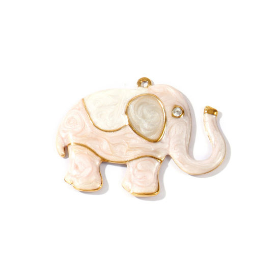 Picture of 1 Piece Eco-friendly PVD Waterproof Anti-Tarnish Hypoallergenic 304 Stainless Steel Pendants Wholesale 18K Real Gold Plated Light Pink Enamel Elephant Animal Pearlized Clear Rhinestone 6.1cm x 4.5cm