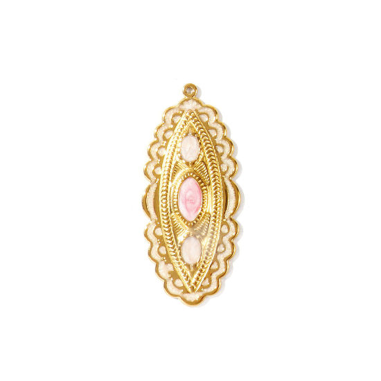 Picture of 1 Piece Eco-friendly PVD Waterproof Anti-Tarnish Hypoallergenic 304 Stainless Steel Pendants Wholesale 18K Real Gold Plated Light Pink Enamel Marquise Pearlized 5.5cm x 2.4cm