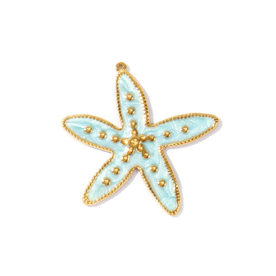 Picture of 1 Piece Eco-friendly PVD Waterproof Anti-Tarnish Hypoallergenic 304 Stainless Steel Ocean Jewelry Pendants Wholesale 18K Real Gold Plated Light Blue Enamel Starfish Pearlized 5cm x 4.7cm